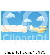 Pilot Flying A Yellow Biplane With A Plane Banner Over A Blue Sky With White Puffy Clouds