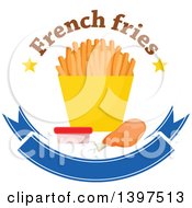 Poster, Art Print Of Chicken Drumstick And French Fries With Text A Side Of Ketchup Over A Blank Blue Banner