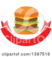 Poster, Art Print Of Double Cheeseburger Over A Blank Banner