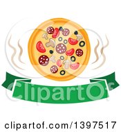 Clipart Of A Hot Pizza Over A Green Banner Royalty Free Vector Illustration