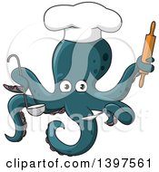 Clipart Of A Chef Octopus Holding Kitchen Utensils Royalty Free Vector Illustration