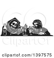 Black And White Woodcut Skeleton Or Grim Reaper Drinking Poison With A Man