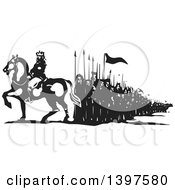 Black And White Woodcut Horseback King With Marching People