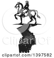 Black And White Woodcut Horseback King With A Crowd Of People Like A Shadow Below Him