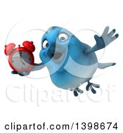 Clipart Of A 3d Blue Bird Holding An Alarm Clock On A White Background Royalty Free Illustration