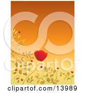 Poster, Art Print Of Pretty Red Poppy And Leaves Bordering An Orange Background