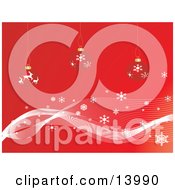 Reindeer And Snowflake Christmas Baubles Suspended Over Snowflakes On A Red Background Clipart Illustration