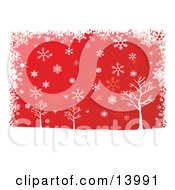 Winter Snowflakes Falling Over Bare Trees On A Red Background