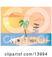 Santa Claus Vacationing And Relaxing On A Lounge Chair Beside Rudolph Under A Palm Tree On A Tropical Island At Sunset Clipart Illustration