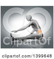 Poster, Art Print Of 3d Anatomical Man Stretching On The Floor Reaching For His Toes With Visible Spine And Glowing Pain On Gray