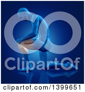 Clipart Of A 3d Anatomical Man Kneeling On The Floor With Visible Knee And Leg Muscles And Bones On Blue Royalty Free Illustration