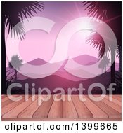 Poster, Art Print Of 3d Wood Deck With A View Of Mountains And Palm Trees