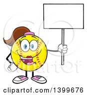 Cartoon Female Softball Character Mascot Holding Up A Blank Sign