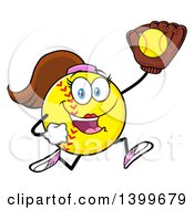 Cartoon Female Softball Character Mascot Running With A Ball In A Glove