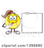 Cartoon Female Softball Character Mascot Pointing To A Blank Sign