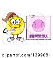 Cartoon Female Softball Character Mascot Pointing To A Sign