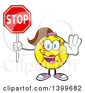 Cartoon Female Softball Character Mascot Holding A Stop Sign