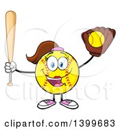 Cartoon Female Softball Character Mascot Holding A Bat And Ball In A Glove