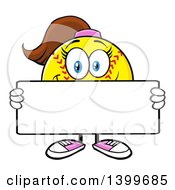 Cartoon Female Softball Character Mascot Holding A Blank Sign