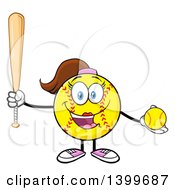 Poster, Art Print Of Cartoon Female Softball Character Mascot Holding A Bat And Ball