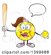 Cartoon Female Softball Character Mascot Talking Holding A Bat And Ball
