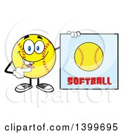 Cartoon Male Softball Character Mascot Pointing To A Sign