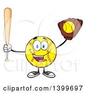 Cartoon Male Softball Character Mascot Holding A Bat And Ball In A Glove