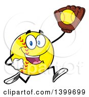 Cartoon Male Softball Character Mascot Running With A Ball In A Glove
