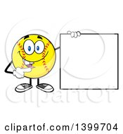 Cartoon Male Softball Character Mascot Pointing To A Blank Sign