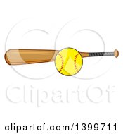 Cartoon Softball And Wooden Bat