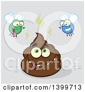 Cartoon Pile Of Poop Character And Happy Flies On Gray