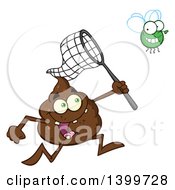 Cartoon Pile Of Poop Character Chasing A Fly With A Net