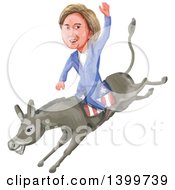 Watercolor Caricature Of Hillary Clinton Riding A Democratic Donkey