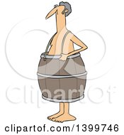 Clipart Of A Cartoon Poor Nude White Man Wearing A Barrel Royalty Free Vector Illustration