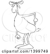 Poster, Art Print Of Cartoon Black And White Lineart Moose Pointing To His Butt