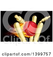 Poster, Art Print Of Cricket Ball Breaking Wicket Stumps On Black