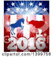 Poster, Art Print Of Silhouetted Political Aggressive Democratic Donkey Or Horse And Republican Elephant Fighting Over A 2016 American Flag And Burst
