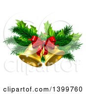 Poster, Art Print Of 3d Gold Christmas Bells With Branches And A Red Bow