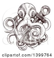 Poster, Art Print Of Brown Woodblock Octopus And Anchor
