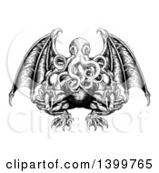 Clipart Of A Black And White Woodblock Winged Octopus Cthulhu Monster Royalty Free Vector Illustration by AtStockIllustration