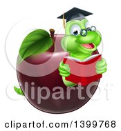 Poster, Art Print Of Cartoon Happy Green Graduate Book Worm Reading In A Red Apple