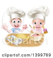 Clipart Of A Cartoon Happy White Girl And Boy Wearing Toque Hats Making Pink Frosting And Star Shaped Cookies Royalty Free Vector Illustration