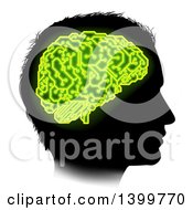 Black Silhouetted Male Head In Profile With A Green Brain Of Electrical Circuits In Neon Green