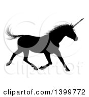 Clipart Of A Black Silhouetted Unicorn Horse Running To The Right Royalty Free Vector Illustration