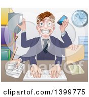 Cartoon Stressed Caucasian Business Man Multi Tasking With Many Arms At His Office Desk