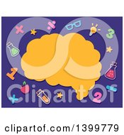 Clipart Of A Flat Design Thought Balloon In The Shape Of A Brain With School Icons On Purple Royalty Free Vector Illustration