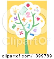 Clipart Of A Flat Design Tree With Educational Supplies On Yellow Royalty Free Vector Illustration