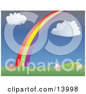 Colorful Easter Eggs Resting In Grass With Spring Flowers Under A Colorful Rainbow And Puffy White Clouds In A Blue Sky Clipart Illustration