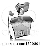 Clipart Of A Grayscale Hand Putting A Coin In A School Building Donation Box Royalty Free Vector Illustration