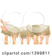 Poster, Art Print Of Group Of Volunteer Hands Passing Donation Boxes